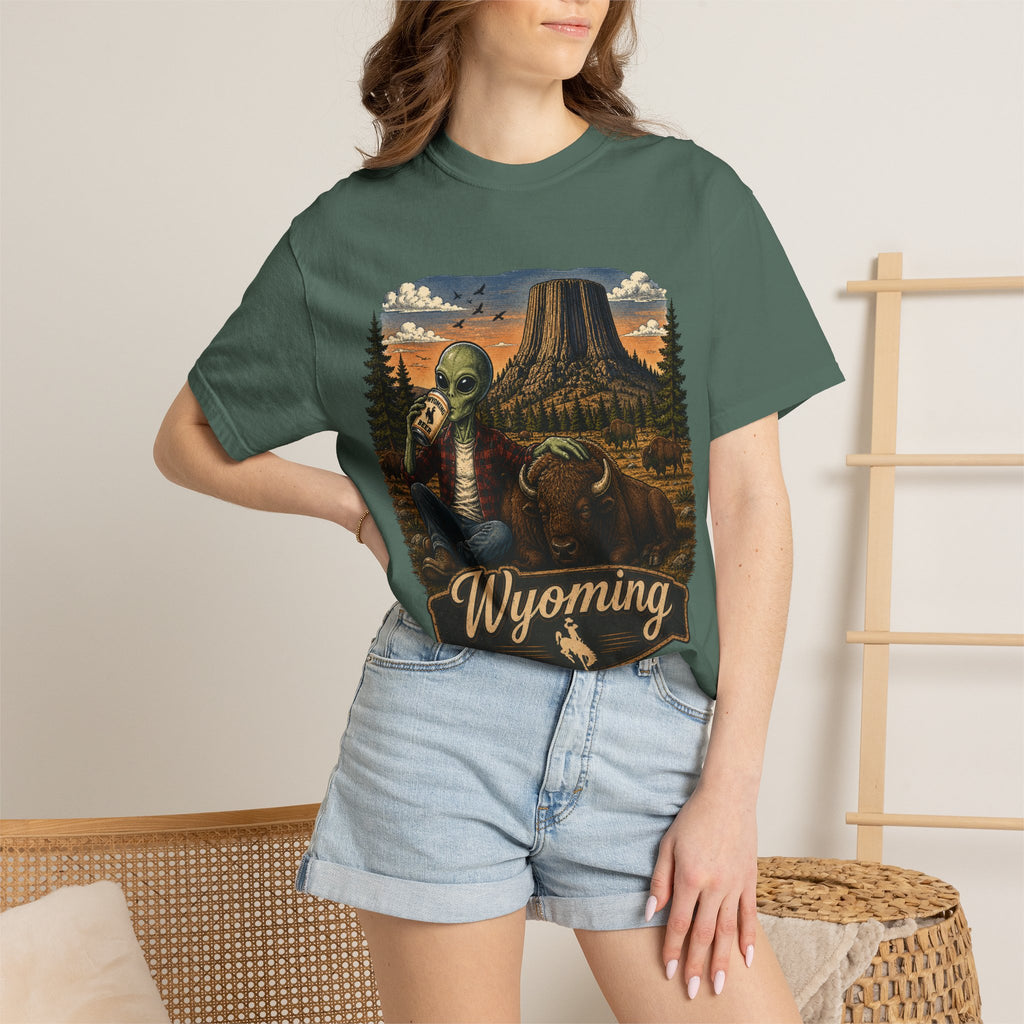 Wyoming Alien Cowboy T-Shirt — Scenic Devil's Tower Vintage Travel Graphic