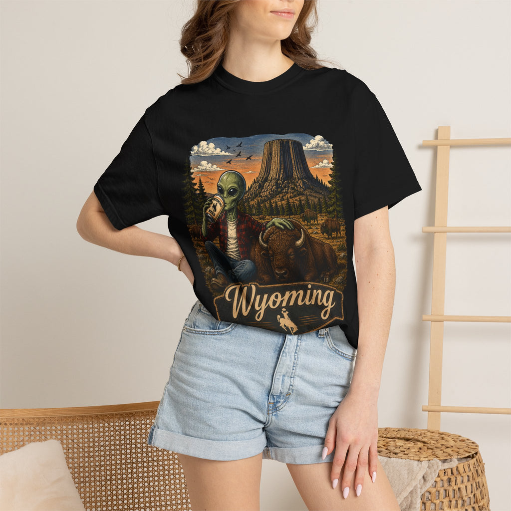 Wyoming Alien Cowboy T-Shirt — Scenic Devil's Tower Vintage Travel Graphic