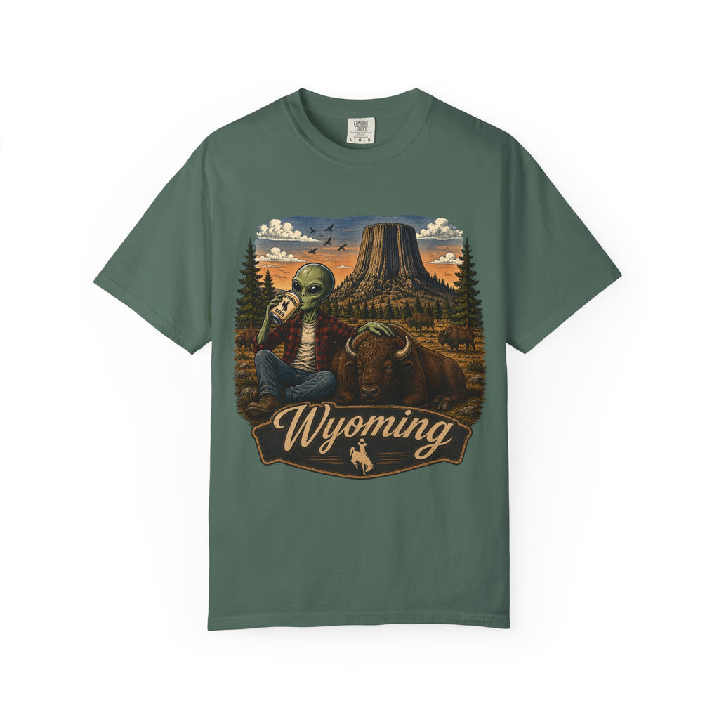 Wyoming Alien Cowboy T-Shirt — Scenic Devil's Tower Vintage Travel Graphic