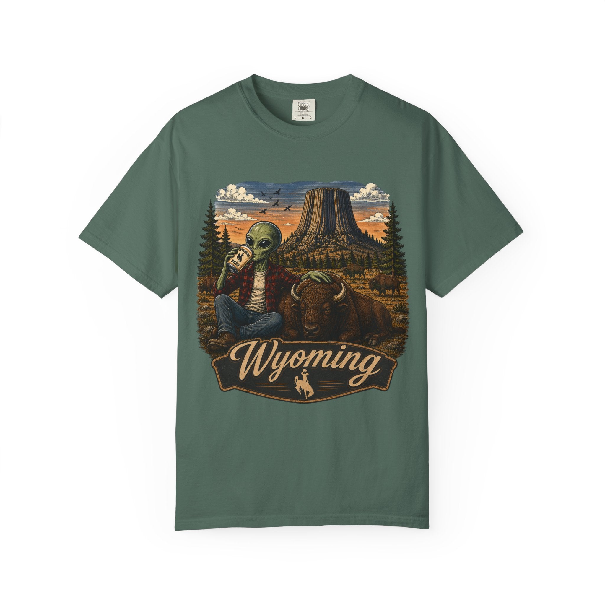 Wyoming Alien Cowboy T-Shirt — Scenic Devil's Tower Vintage Travel Graphic