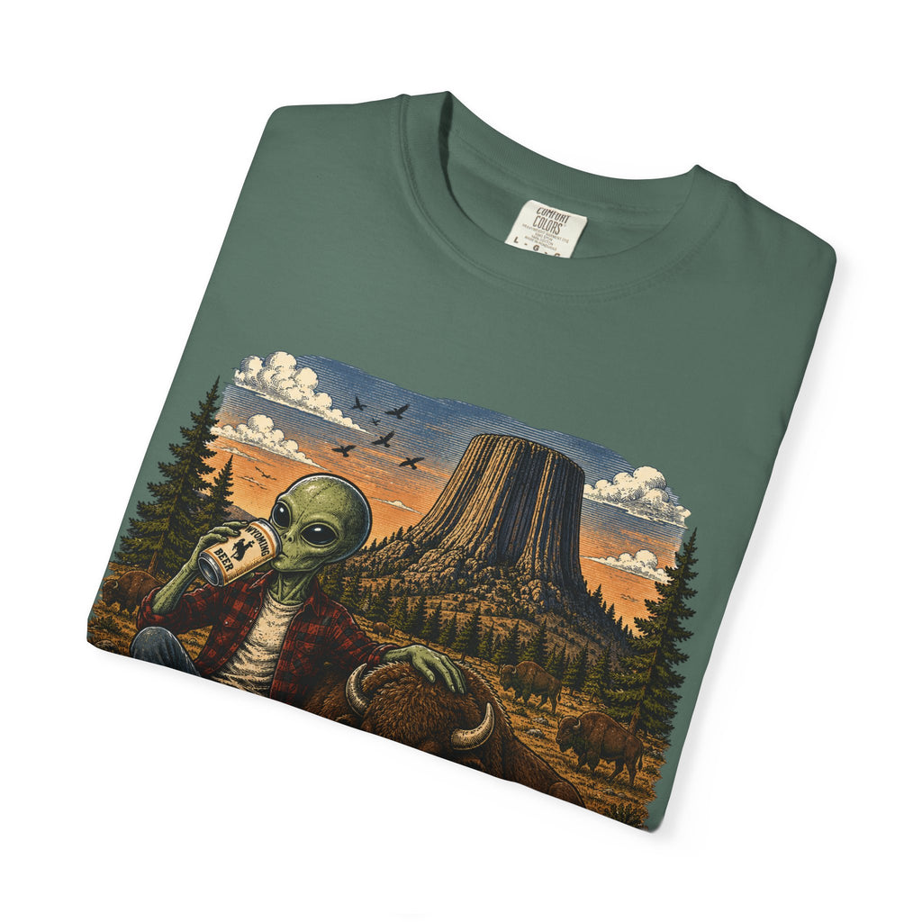 Wyoming Alien Cowboy T-Shirt — Scenic Devil's Tower Vintage Travel Graphic
