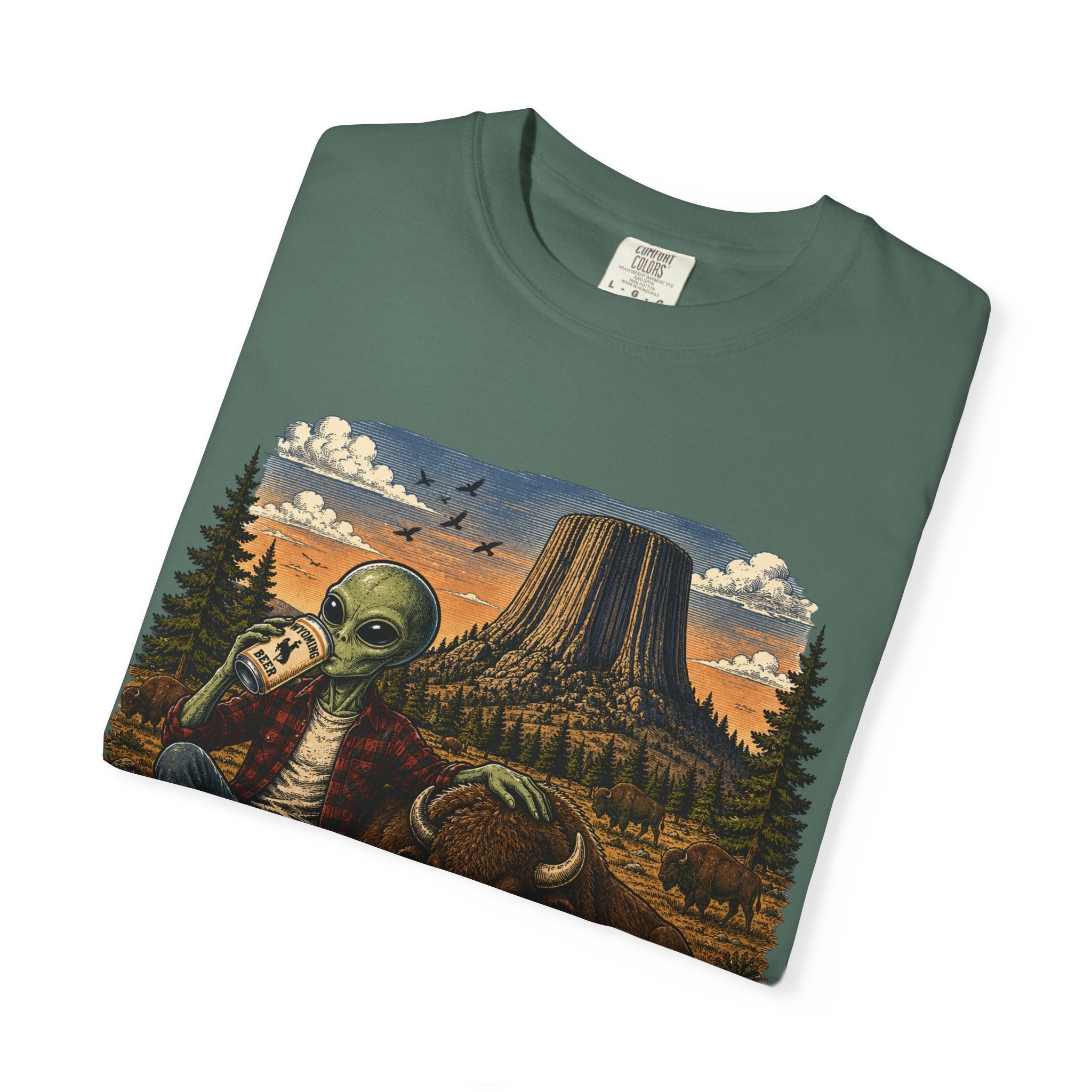 Wyoming Alien Cowboy T-Shirt — Scenic Devil's Tower Vintage Travel Graphic