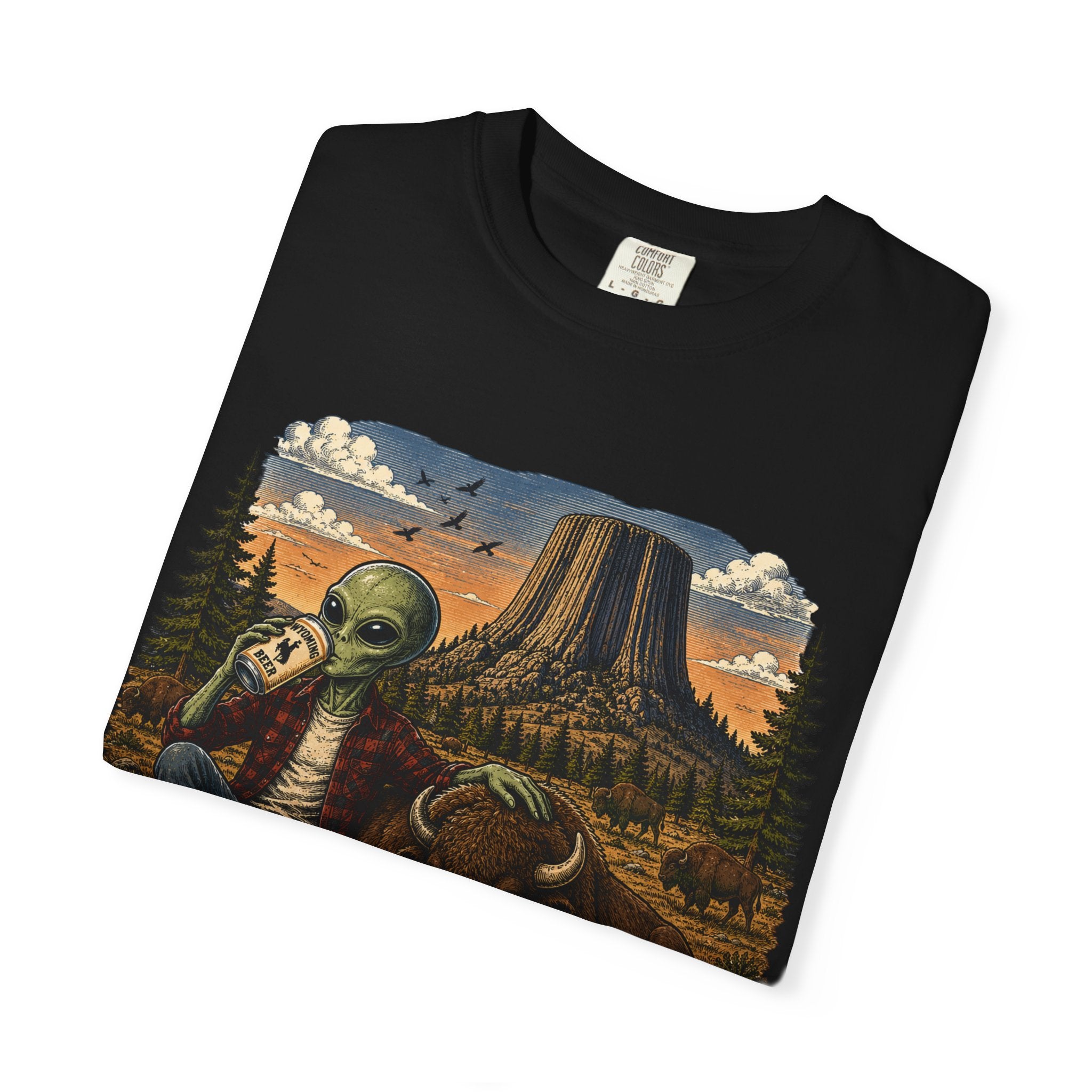 Wyoming Alien Cowboy T-Shirt — Scenic Devil's Tower Vintage Travel Graphic
