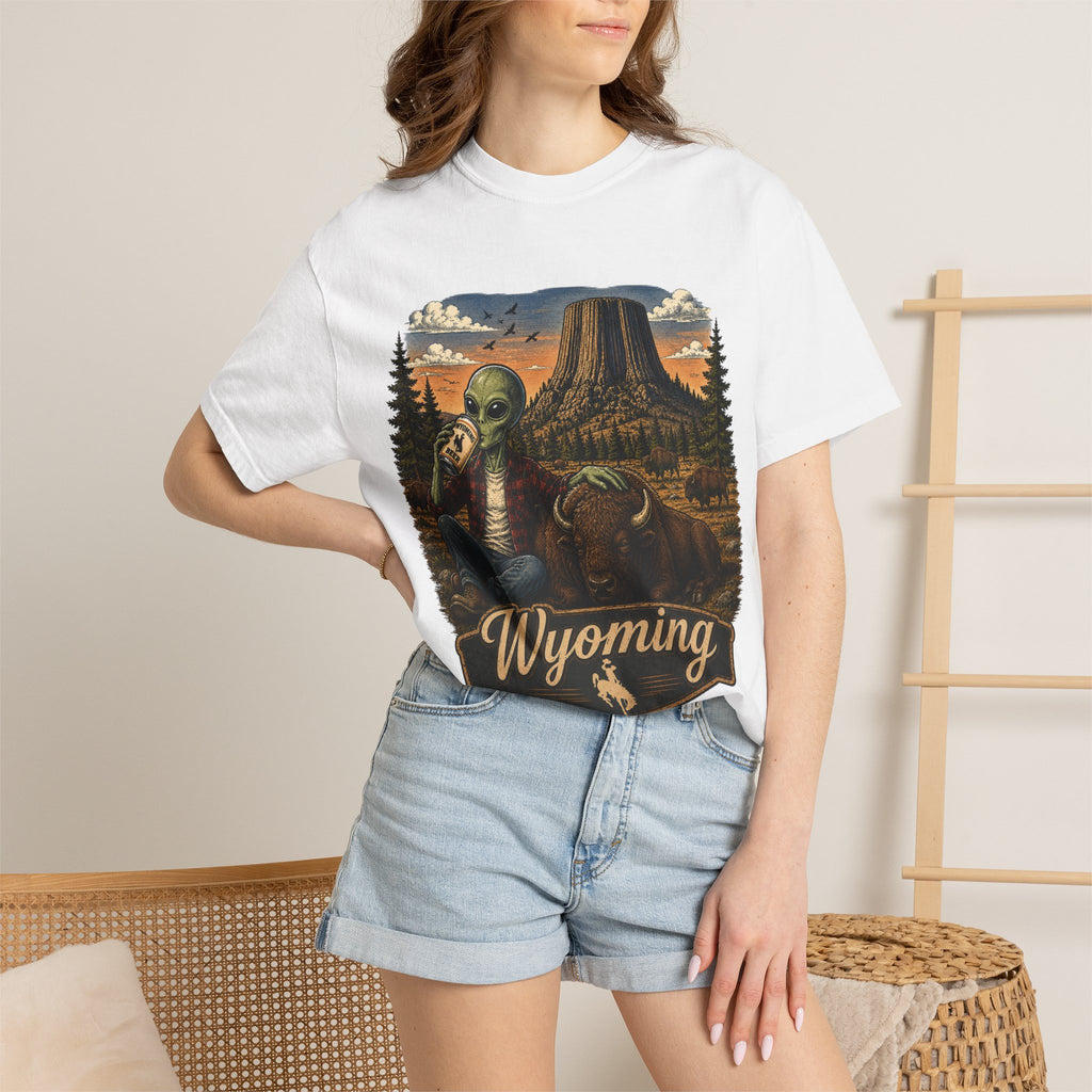 Wyoming Alien Cowboy T-Shirt — Scenic Devil's Tower Vintage Travel Graphic