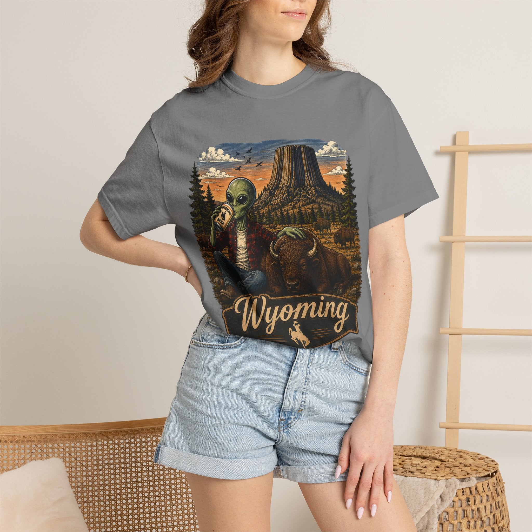 Wyoming Alien Cowboy T-Shirt — Scenic Devil's Tower Vintage Travel Graphic