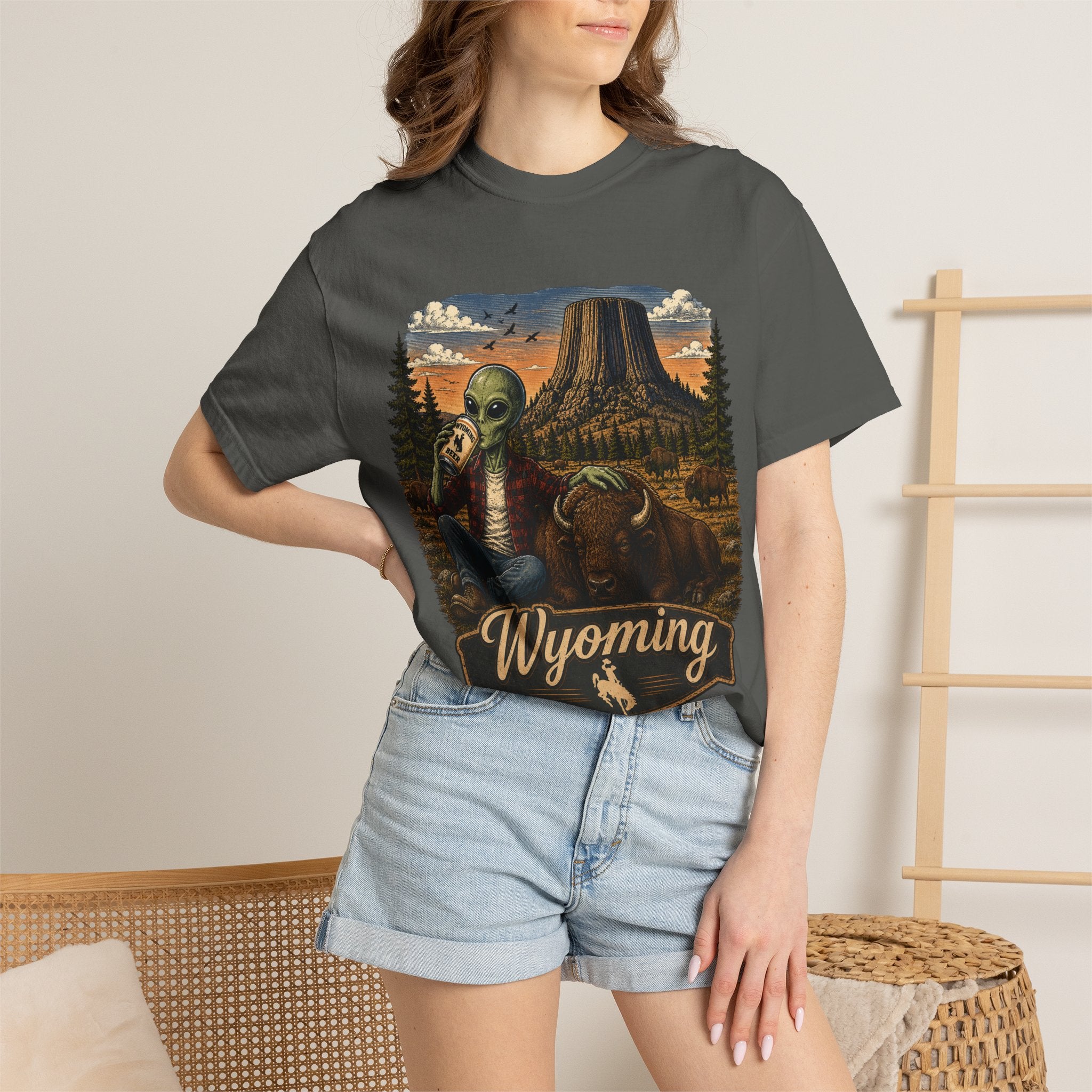 Wyoming Alien Cowboy T-Shirt — Scenic Devil's Tower Vintage Travel Graphic