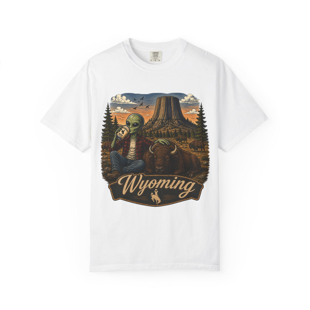 Wyoming Alien Cowboy T-Shirt — Scenic Devil's Tower Vintage Travel Graphic