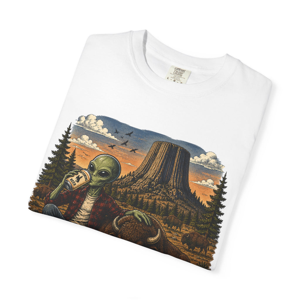 Wyoming Alien Cowboy T-Shirt — Scenic Devil's Tower Vintage Travel Graphic