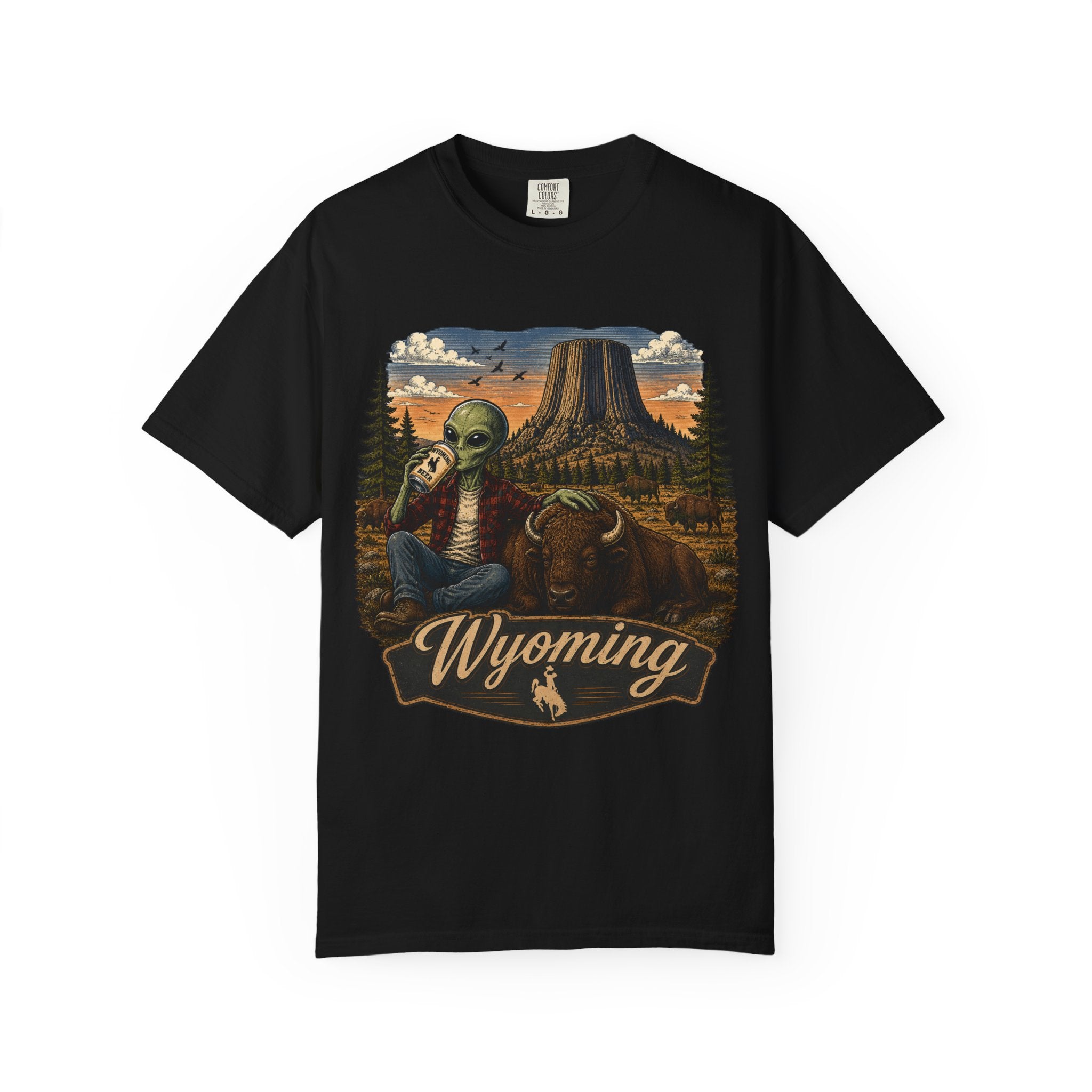 Wyoming Alien Cowboy T-Shirt — Scenic Devil's Tower Vintage Travel Graphic