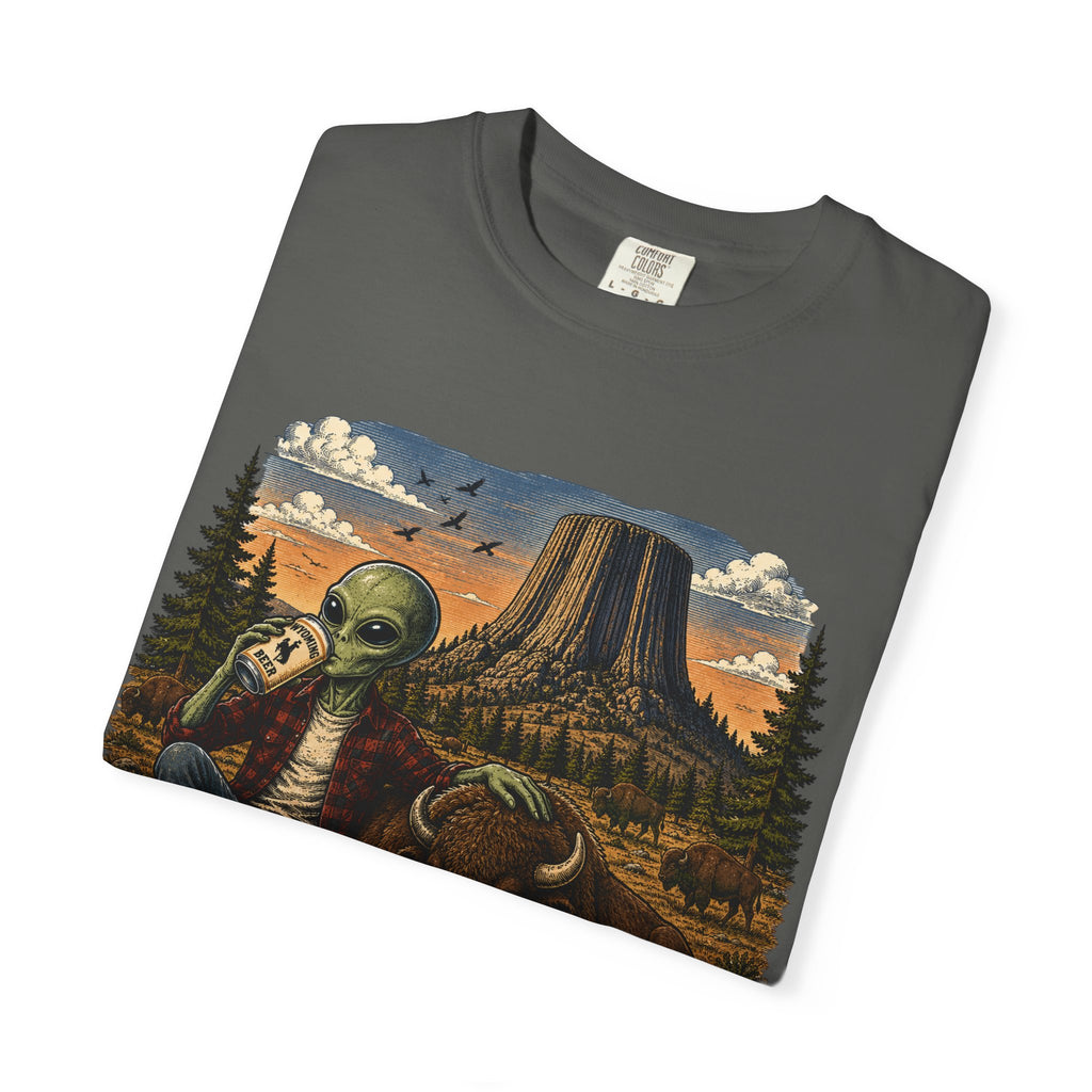 Wyoming Alien Cowboy T-Shirt — Scenic Devil's Tower Vintage Travel Graphic