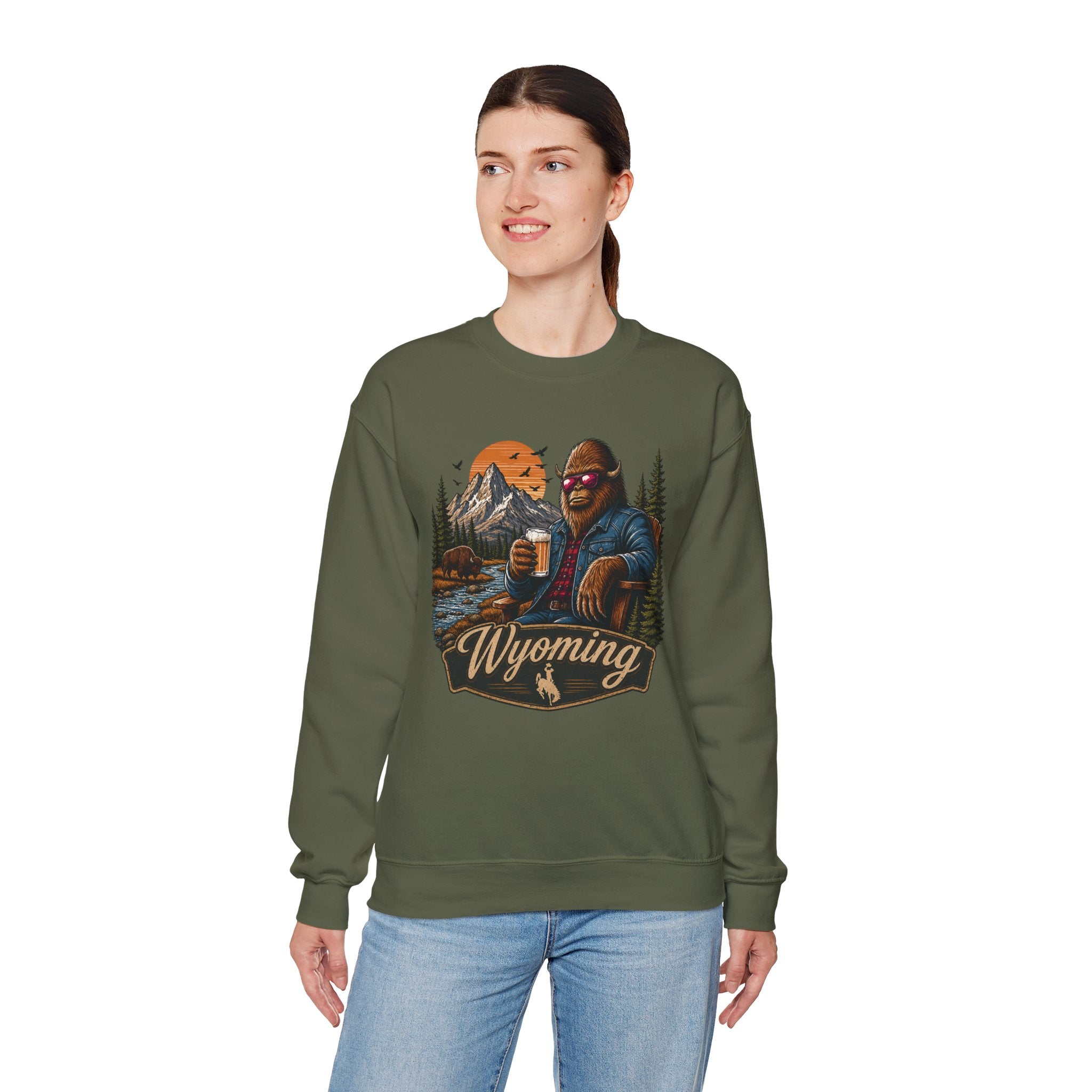 Wyoming Retro Bigfoot Sweatshirt | Mountain Cabin Rustic Design- 7 Colors
