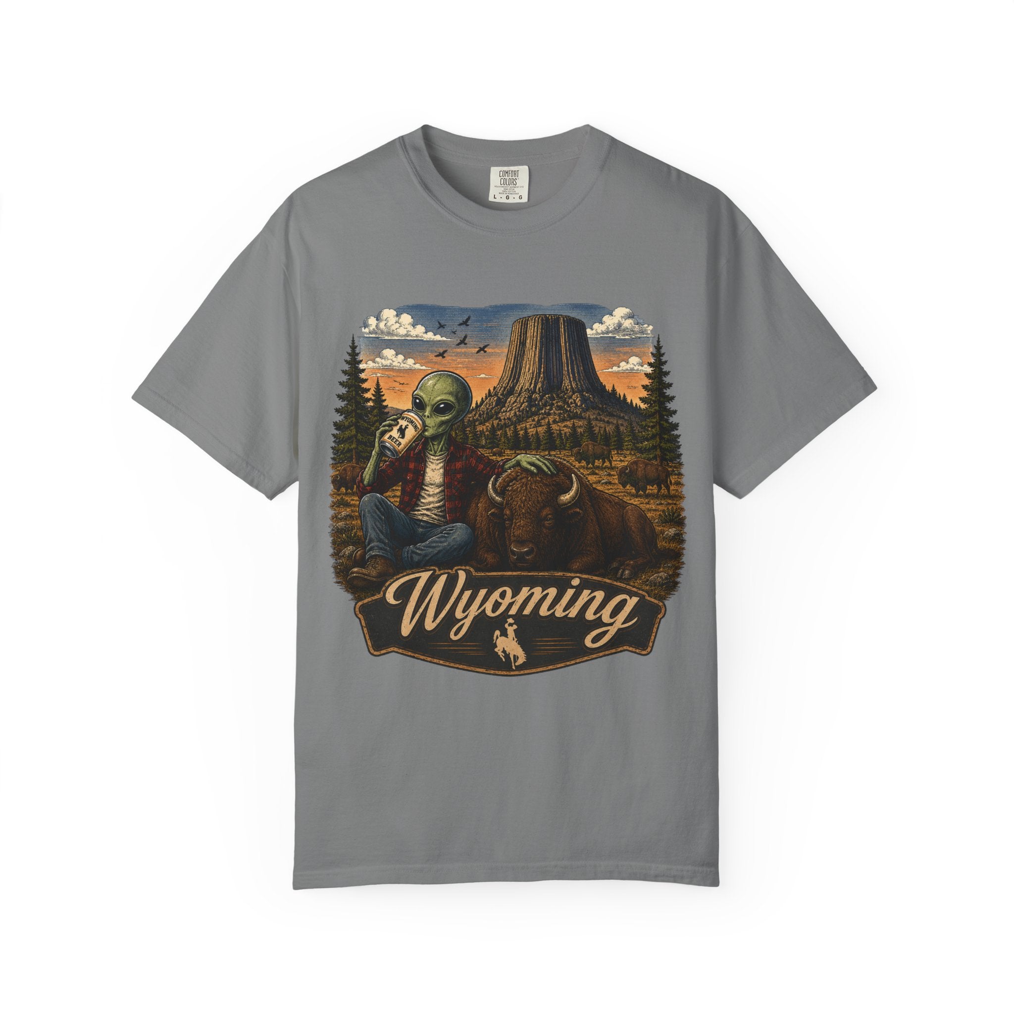 Wyoming Alien Cowboy T-Shirt — Scenic Devil's Tower Vintage Travel Graphic