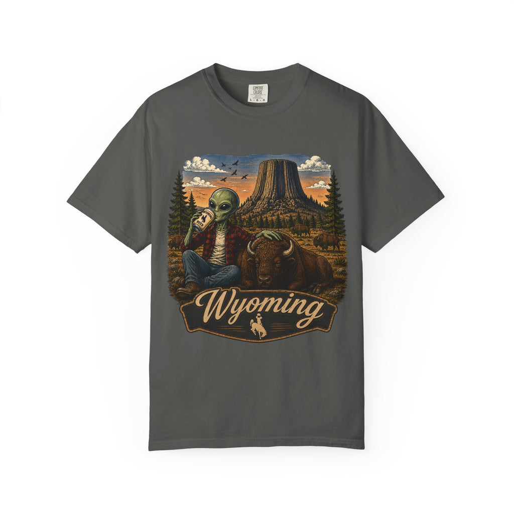 Wyoming Alien Cowboy T-Shirt — Scenic Devil's Tower Vintage Travel Graphic
