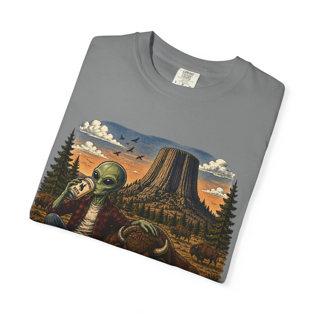 Wyoming Alien Cowboy T-Shirt — Scenic Devil's Tower Vintage Travel Graphic
